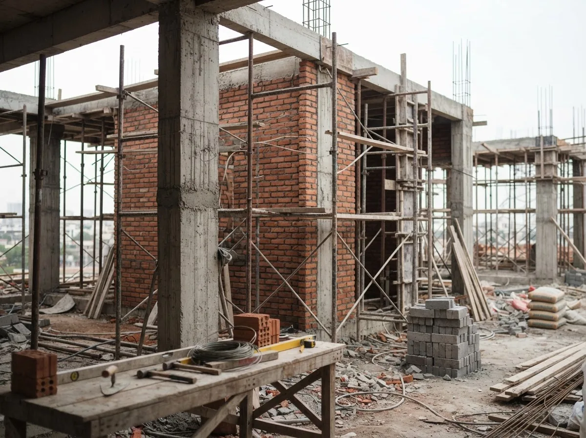 A construction site mid-build with scaffolding and exposed brickwork